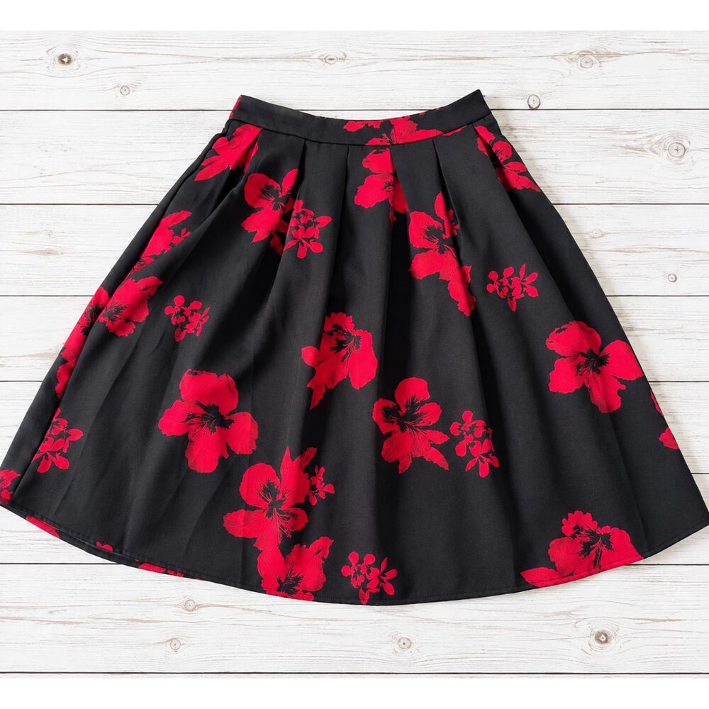 Forever 21 Black Red Floral Pleated A-Line Midi Skirt Romantic Size M - 4861